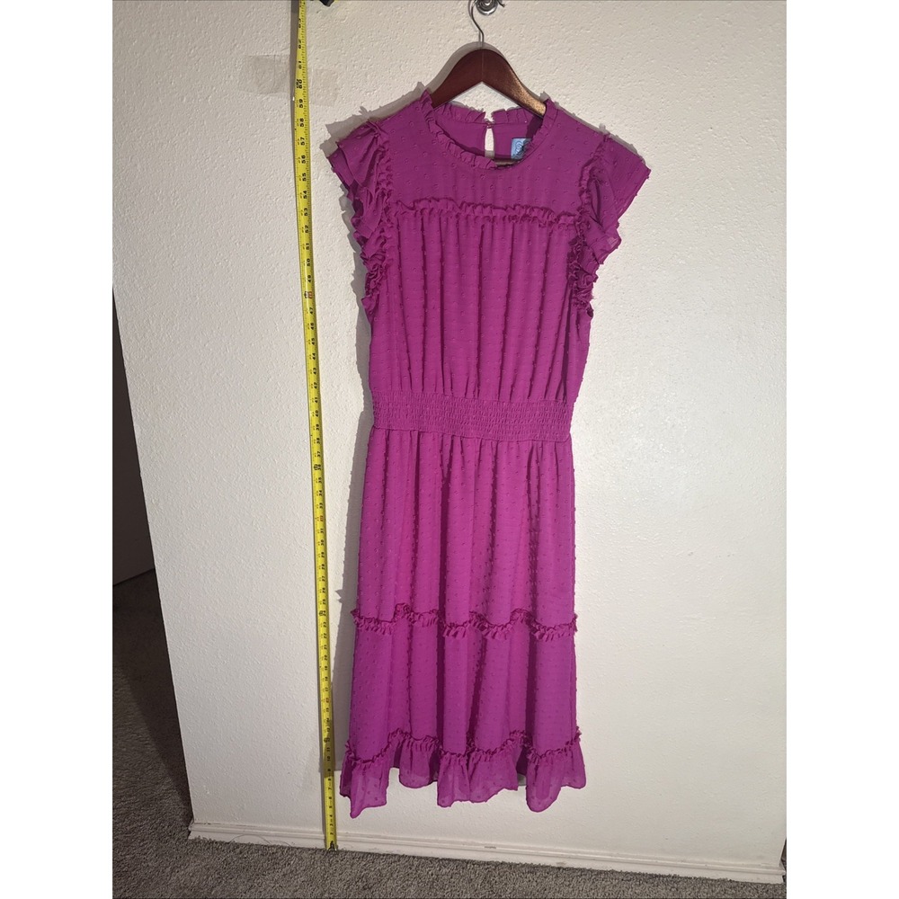 CeCe Magenta Large Boho Ruffle Cap Sleeve Layered Midi Dress Smocked Waist Fairy